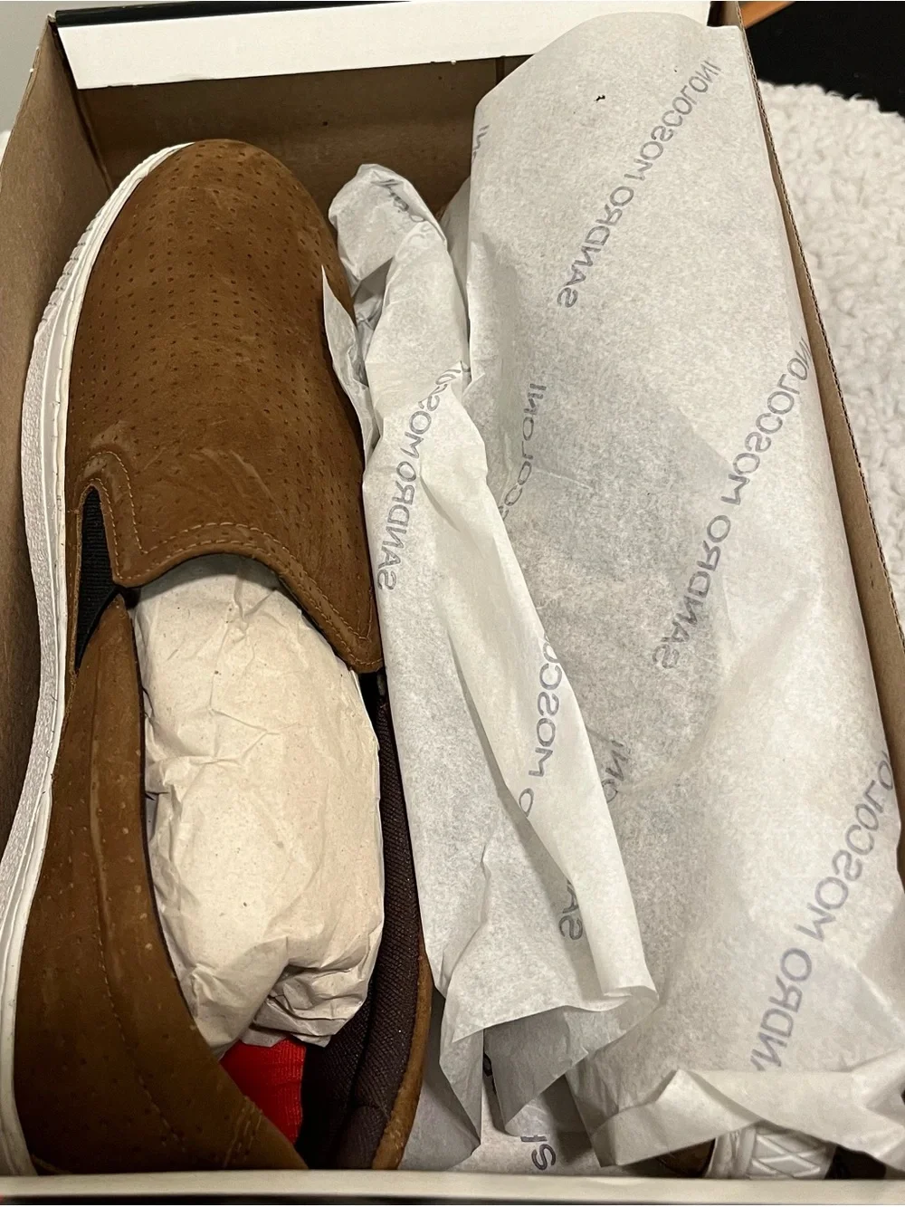 Sandro Moscoloni Brown Suede Slip-On Loafers with Red Insole
